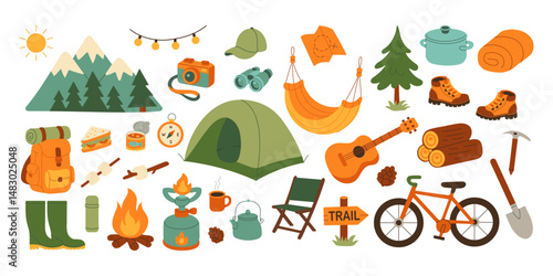 A collection of camping and outdoor gear, including a tent, a backpack, a bicycle, a guitar, a compass, a cup, a knife, a spoon, a bowl, a bottle, a hat, a pair of shoes, and a pair