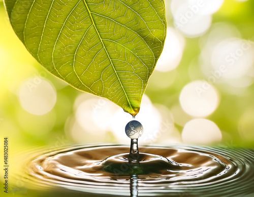 A drop of water sitting on top of a green leaf. Green leaf with water drops. Artistic image of the purity of nature.