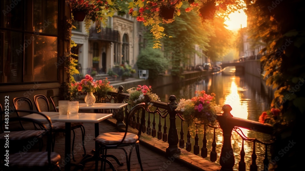 Canal-side cafe at sunset Canal-side cafe at sunset