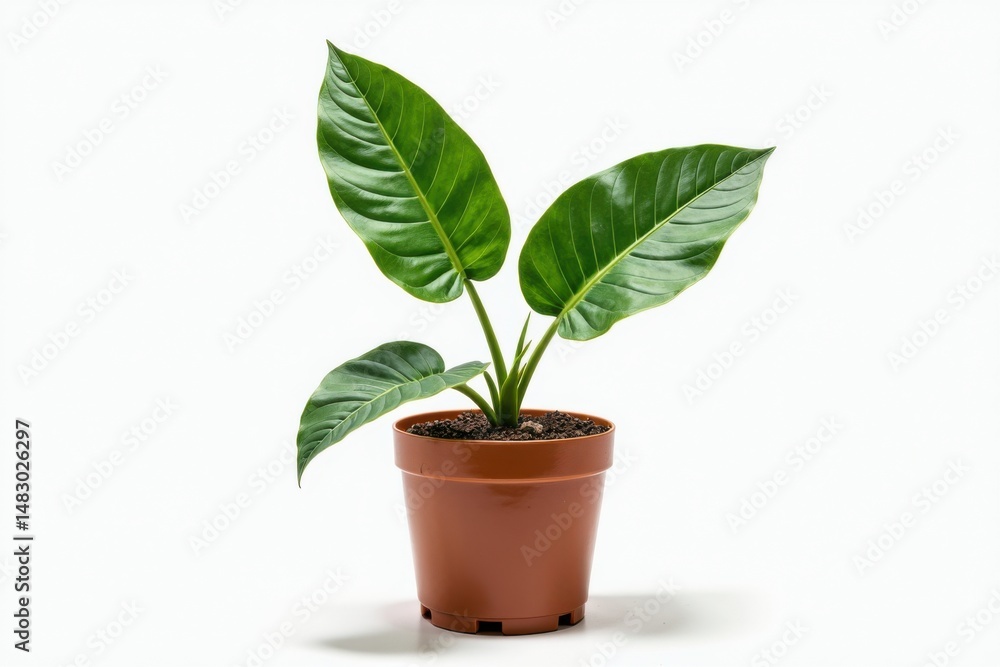 A green potted plant with three large leaves sits in a brown pot against a white background. A green potted plant with three large leaves sits in a brown pot against a white background.