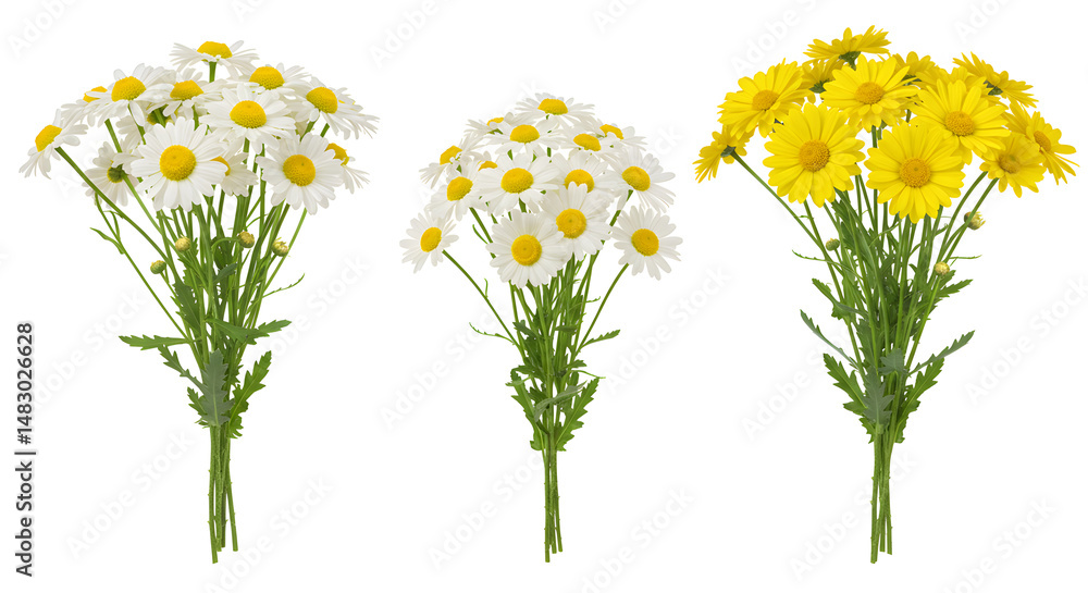 Fototapeta premium Three Daisy Bouquets with White and Yellow Petals on White Background