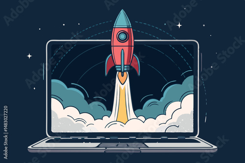 A powerful rocket ship bursts from a laptop screen, launching into space, depicted in bold, stylized graphics.