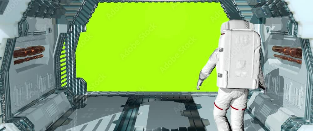 Alone astronaut walking in a futuristic sci fi corridor to green screen. 3d render.