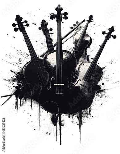 A striking black and white digital illustration featuring a group of classical string instruments—violins and a cello—arranged in an artistic splash ink style.