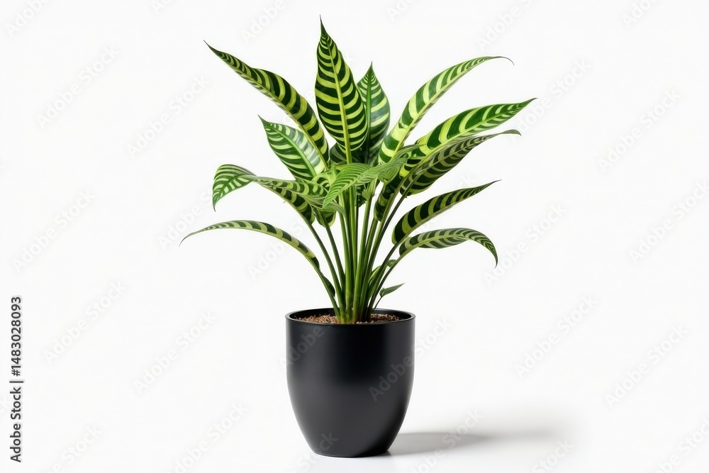 A potted plant with striking green and yellow striped leaves, displayed against a plain white background. A potted plant with striking green and yellow striped leaves, displayed against a plain white background.