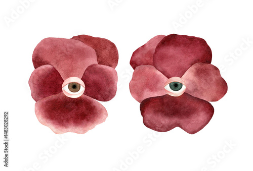 Surreal Pink Watercolor Flower with Eye Set– Hand-Painted Illustration. Isolated on a transparent background