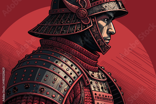 Create a detailed vector close-up of Samurai armor, emphasizing bold textures and intricate details.  Showcase metallic sheen and weathered effects.