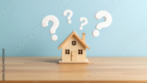 Wood House Model with question marks over the wooden desk and free copy space for your text.