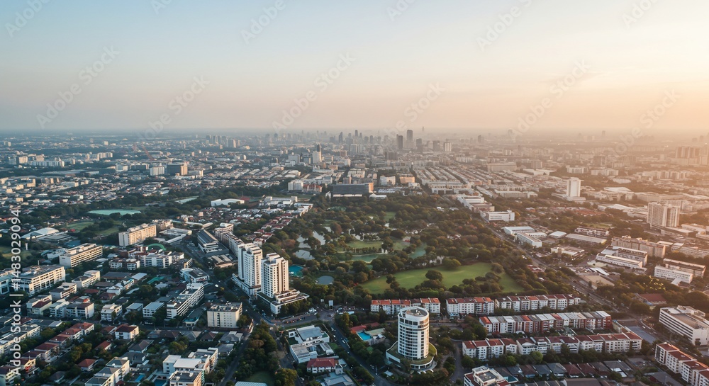 Fototapeta premium 穏やかな夕暮れ 広がる都会 緑溢れる公園 高層ビル群