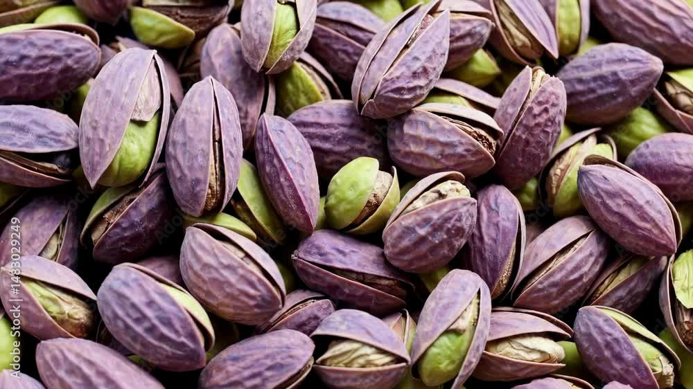 Fresh pistachio nuts with purple shells in vibrant overhead close-up composition, showcasing texture and color contrast in snack or ingredient concept Fresh pistachio nuts with purple shells in vibrant overhead close-up composition, showcasing texture and color contrast in snack or ingredient concept