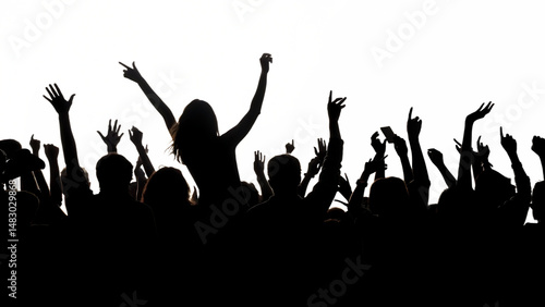 Excited crowd with raised hands at concert black white isolated on white background.PNG, AI GENERATED