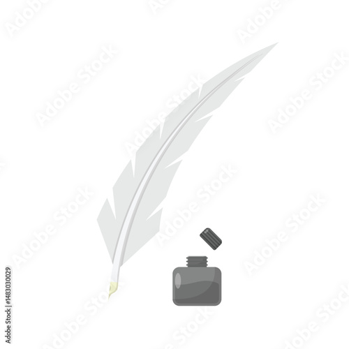 Quill and Ink Flat Illustration. Cartoon Clean Icon Design Element on Isolated White Background