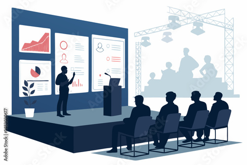 Create a vector illustration depicting a startup pitch scene;  a silhouetted investor listens intently to a presenter, showcasing dynamic energy and professional presentation elements.