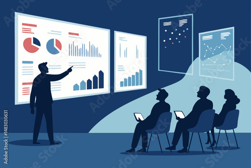 Create a vector illustration of a startup pitch scene  silhouetted investors listening intently to a presenter, showcasing a dynamic and professional atmosphere.