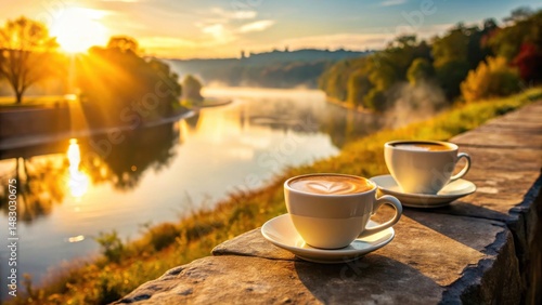 Serene sunrise landscape with two steaming cups of coffee on a stone surface, enjoying the golden hour tranquility by a calm river