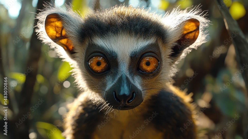 Close-up of a ring-tailed lemur with intense orange eyes in natural habitat Close-up of a ring-tailed lemur with intense orange eyes in natural habitat