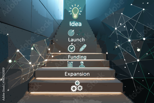 Illustrate a glowing path to startup success, marked by milestone icons representing funding, growth, and market leadership.  Emphasize vibrant, positive energy.