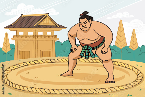 Create a vector illustration of a Sumo wrestler, featuring bold black outlines, traditional Japanese clothing, and a powerful stance.  Include detailed muscle definition.