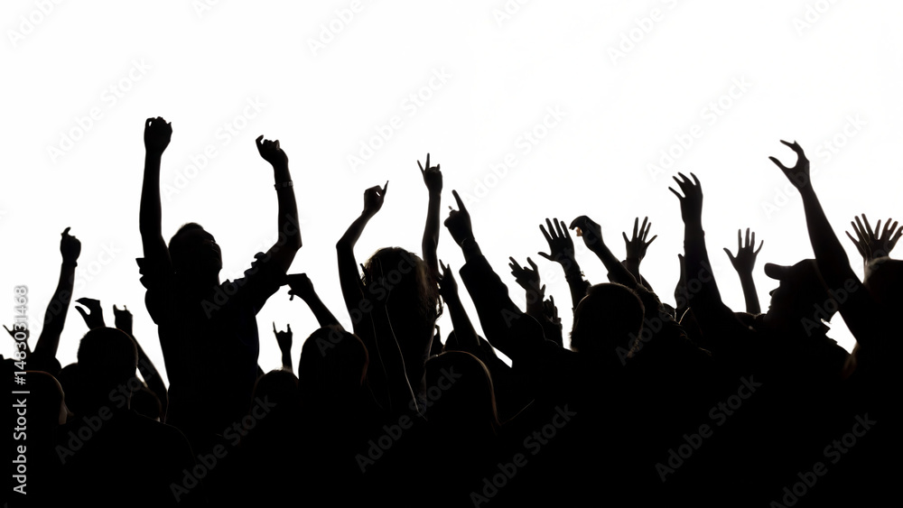 Fototapeta premium Excited crowd with raised hands at concert isolated on white background.PNG, AI GENERATED