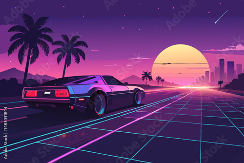 Synthwave-styled rendering of a vintage sports car speeding towards a vibrant neon sunset, glowing city skyline in background.