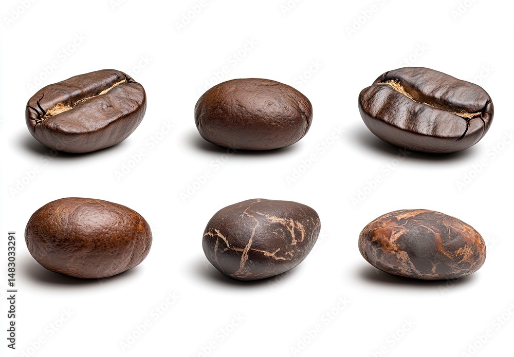 Close-up view of six coffee beans, various shades of brown, showing different textures and patterns. Each bean is presented in profile view, isolated against a plain white background Close-up view of six coffee beans, various shades of brown, showing different textures and patterns. Each bean is presented in profile view, isolated against a plain white background