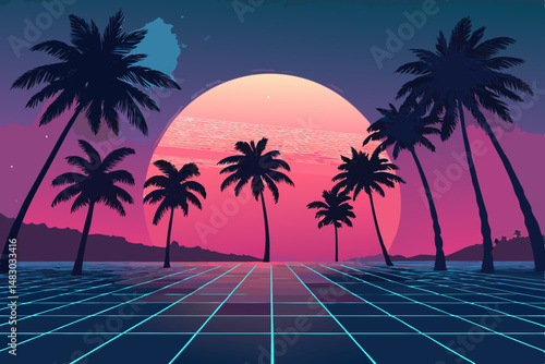 Create a striking synthwave-inspired illustration silhouetted palm trees against a vibrant, glowing pink neon sunset.  Focus on the retrofuturistic aesthetic.