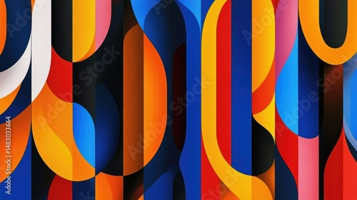 Colorful abstract artwork with geometric shapes and vibrant gradients is displayed