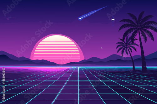 Create a vibrant synthwave vector background featuring a neon sun, a geometric grid, and futuristic elements.  Employ a retro 80s aesthetic.