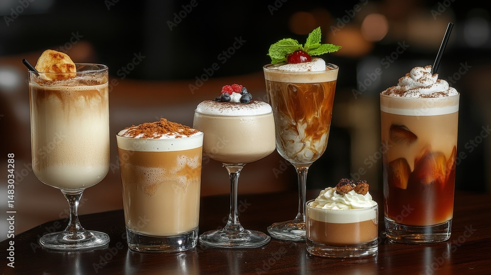 Delicious assortment of iced coffee drinks with cream and fruit garnishes Delicious assortment of iced coffee drinks with cream and fruit garnishes