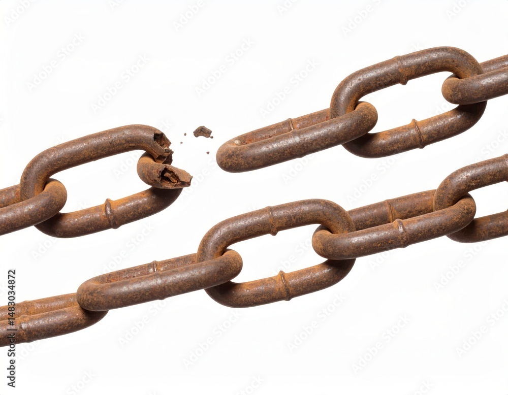 Fototapeta premium Broken chain over white background, freedom or broken connections concept