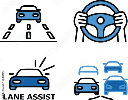 A set of four icons illustrating autonomous driving features and lane assist technology in blue and black