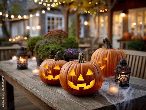 Spooky pumpkins glow on rustic porch table