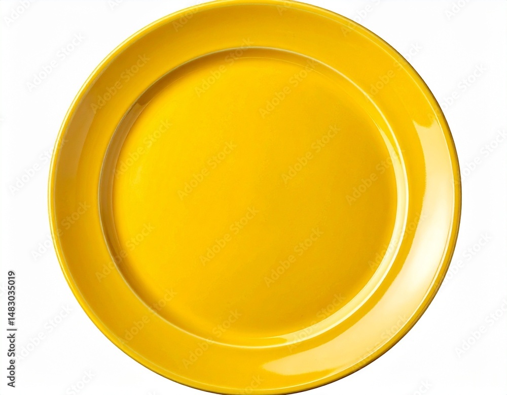 Top-down view of a round yellow ceramic plate with smooth glossy surface isolated on white Top-down view of a round yellow ceramic plate with smooth glossy surface isolated on white