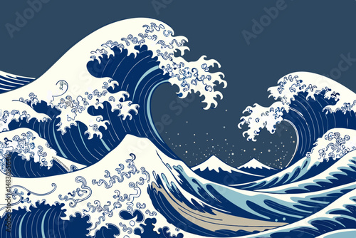 Create a vector illustration of a traditional Japanese wave pattern, incorporating a stylized "bol" (or crest) design element.  High-resolution, detailed, and suitable for print.