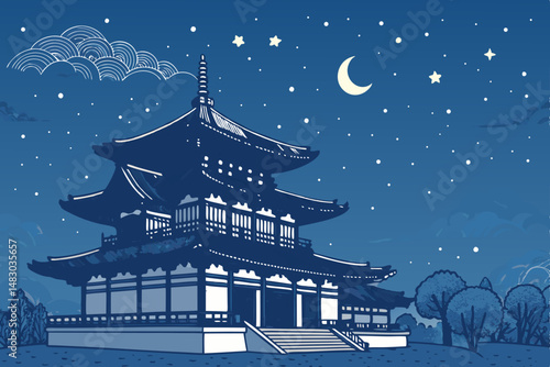 Create a vector illustration of a traditional Japanese temple, featuring bold outlines and intricate details.  Include pagoda, gate, and surrounding elements.