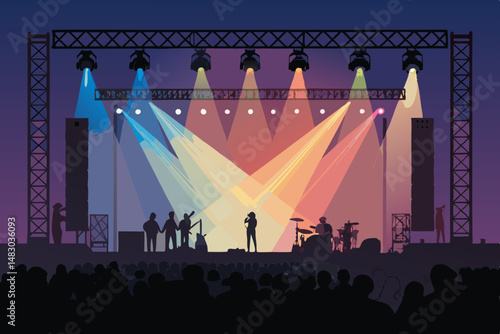 Create a vibrant vector illustration of a concert stage, showcasing bold lighting effects and a dynamic atmosphere.  Include detailed stage elements.