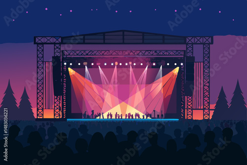 Design a vibrant vector background illustrating a concert stage with bold lighting effects, suitable for music event promotion.