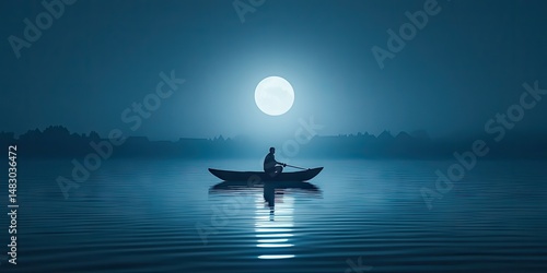 Lone figure rowing a boat under a full moon illuminating the calm water landscape