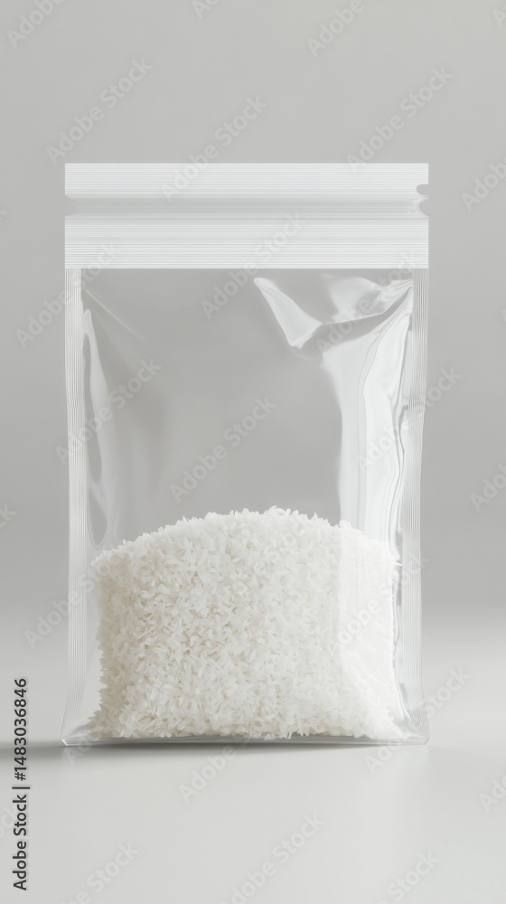 Obraz premium Transparent resealable plastic bag containing white granular material on a plain neutral background perfect for packaging or product display purposes