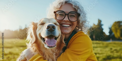 Smiling woman embracing a happy golden retriever dog outdoors with greenery and sunshine