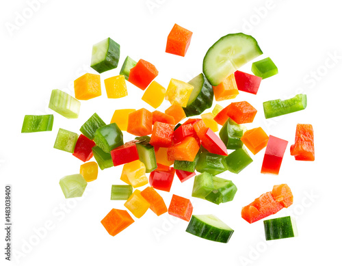 colorful chopped vegetables flying in air with diced peppers cucumbers and carrots on isolated background, fresh ingredients for salad and healthy food concept
