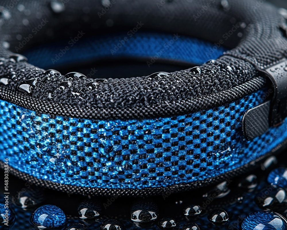 Obraz premium Water droplets on textured, blue and black circular object