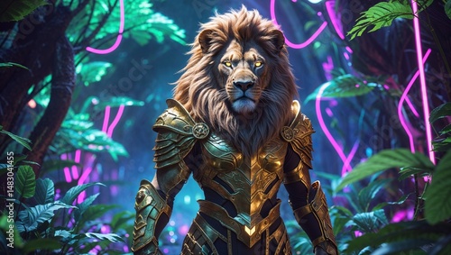 Majestic Lion in Golden Armor, Futuristic Digital Jungle, Glowing Eyes, Cinematic Fantasy Art