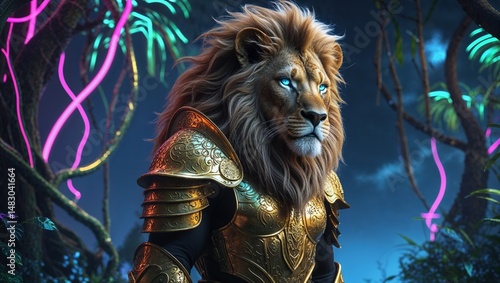 Majestic Lion in Golden Armor, Futuristic Digital Jungle, Glowing Eyes, Cinematic Fantasy Art