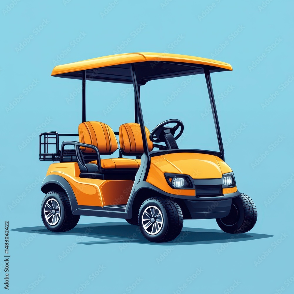Fototapeta premium Bright orange golf cart parked against a blue backdrop in a sunny outdoor setting