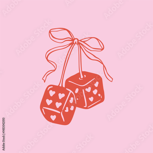 Girly hand drawn linocut cherry dice with cute bow ribbon. Poker, casino, blackjack, bingo concept. Lucky game day. Vintage coquette print design. Vector illustration in doodle sketch style
