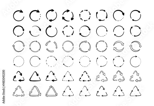 Set of hand drawn doodle recycle, reuse, refresh symbols. Spinning round rotate dotted arrow. Dash motion, movement sign. Eco friendly concepts crayon scribble design elements. Plastic waste mark
