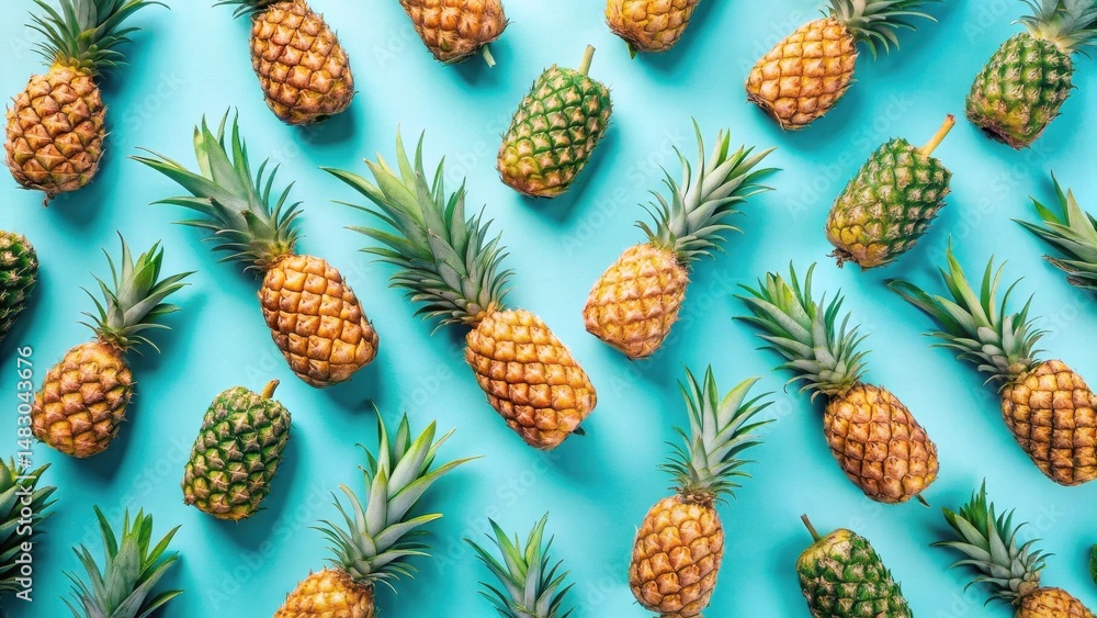 A Vibrant Summertime Pattern Featuring Many Ripe Pineapples Arranged on a Light Blue Background A Vibrant Summertime Pattern Featuring Many Ripe Pineapples Arranged on a Light Blue Background