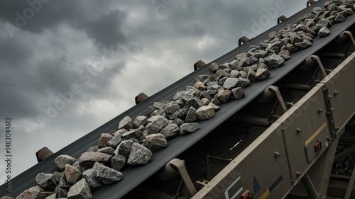 Close Up Of Grey Rocks On A Moving Conveyor Belt Under A Dark Cloudy Sky