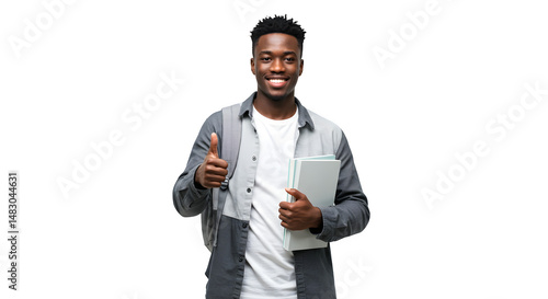 Smiling African young male student holding a book and showing thumbs-up sign, isolated on transparent background
